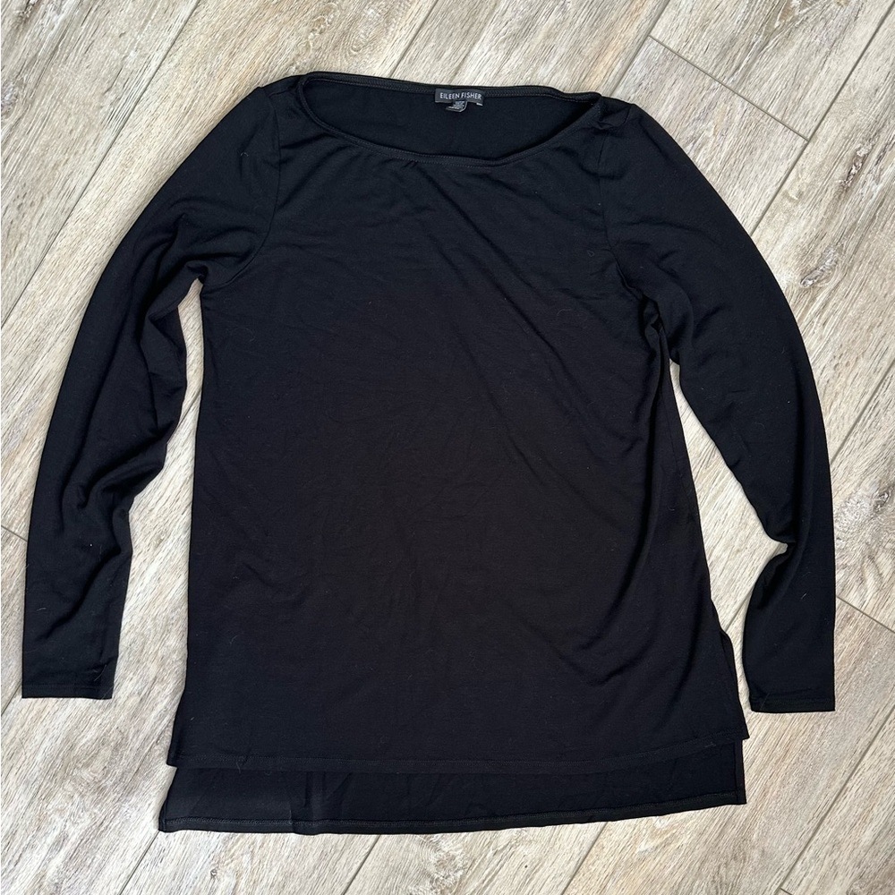 Eileen Fisher Black Crew Neck Long Sleeve Split Hem Tunic XS